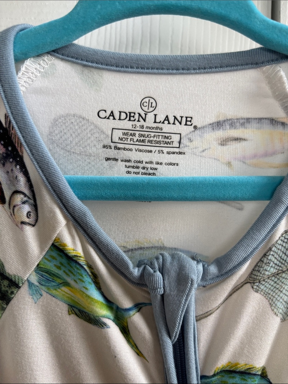 Caden Lane Cream Fish-Print Hooded Pajama Set with Blue Trim - Picture 3 of 5